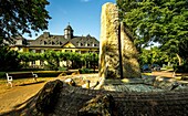 Niederwald hunting lodge with restaurant terrace under plane trees, seen from the fountain in the park, Upper Middle Rhine Valley, Hesse, Germany