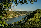 View of the Rhine Valley near Kaub with the hotel ship, Gutenfels Castle and Pfalzgrafenstein Castle in the background, Oberes