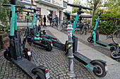Tier E scooters block sidewalk at Planufer in Kreuzberg, Berlin