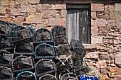 Blick auf Fischer Utensilien, Hummer Fangkörbe im Hafen von North Berwick, East Lothian, Schottland, Vereinigtes Königreich