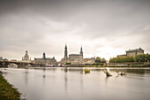 View over the Elbe to the old town of Dresden (to see the lemon squeezer, dome of the Frauenkirche, tower of the Green Vault, Cathedral Sanctissimae Trinitatis and the Semperoper), Free State of Saxony, Germany, Europe