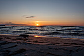 Sonnenaufgang an an der Ostsee, Treibholz am Strand, Insel Rügen, Thiessow, Mecklenburg-Vorpommern, Deutschland