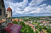 View from Harburg Castle to the old town and the Wörnit River, near Nördlingen, Swabia, Bavaria, Germany