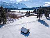 Person cross-country skiing on the Krün trail, Barmsee and Karwendel in the background, Werdenfels, Upper Bavaria, Bavaria, Germany