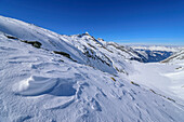 Snow walking with sickle head in the background, Zittau Hut, Hohe Tauern National Park, Zillertal Alps, Tyrol, Austria