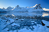 Eisschollen treiben im Nordfjord, Berge im Hintergrund, Skaland, Senja, Troms og Finnmark, Norwegen