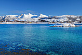 View of turquoise water of Nordfjord, Nordfjord, Senja, Troms og Finnmark, Norway