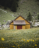 Colorful wooden hut in Alpstein, Appenzell Innerrhoden, Switzerland
