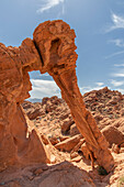 A rock formation shaped like an elephant in the desert against a blue sky. Elephant Rock. Valley of Fire