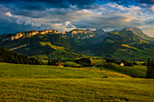 Alpine huts, Fähnerenspitz, sunset, view of the Alpstein massif with the Hoher Kasten, Canton of Appenzell-Innerrhoden, Switzerland