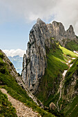 Steep mountains and clouds, Hoher Kasten, Saxer Lücke, Alpstein, Appenzell Alps, Canton of Appenzell Innerrhoden, Switzerland