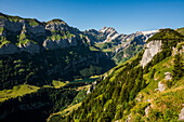 Steep mountains and lake, Seealpsee, Wasserauen, Alpstein, Appenzell Alps, Canton of Appenzell Innerrhoden, Switzerland