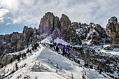 Blick zur Sellagruppe im Winter, Grödner Joch, Grödnertal, Dolomiten, Südtirol, Italien