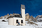Snow-covered mountains and chapel, winter, Val Gardena, Val Gardena, Dolomites, South Tyrol, Italy