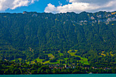 Castle Burgruine Ringgenberg and Mountain on Lake Brienz in a Sunny Day in Interlaken, Bern Canton, Switzerland.
