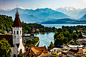 Aerial View over City of Thun and Lake with Mountain in a Sunny Day in Bern Canton, Switzerland.