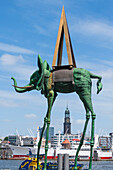View through the Space Elephant sculpture by Salvador Dalí to the Sankt Michaelis Church, Michel, Landungsbrücken, Hamburg-Mitte, Hamburg, Germany