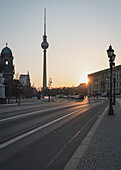 Sunrise on Museum Island with a view of the TV Tower in Berlin, Germany.