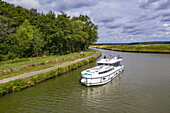 Aerial view of a Le Boat Horizon 5 houseboat on the Canal de la Marne au Rhin, Gondrexange, Moselle, France