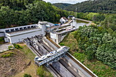 Aerial photos of a Le Boat Horizon 5 houseboat and other boats in the Saint-Louis-Arzviller boat lift along the Canal de la Marne au Rhin, Saint-Louis, Moselle, France