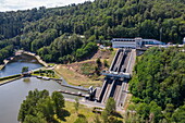Aerial photos of a Le Boat Horizon 5 houseboat and other boats in the Saint-Louis-Arzviller boat lift along the Canal de la Marne au Rhin, Saint-Louis, Moselle, France