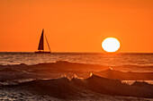 Segelboot fährt in den Sonnenuntergang, Pointe du Toulinguet, Camaret-sur-Mer, GR 34, Zöllnerweg, Sentier Côtier, Halbinsel Crozon, Atlantikküste, Bretagne, Frankreich