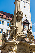 Grafeneckart town hall and four-tube fountain in Würzburg, Lower Franconia, Franconia, Bavaria, Germany