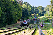 Oberland Canal (Oberlandkanal, Kanał Elbląski) with the Pochylnia Buczyniec (Buchwalde) ship railway in the Masuria (Mazury) in the Warmińsko-Mazurskie Voivodeship in Poland