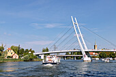 Suspension bridge (Most wiszący Mikołajki) to the port of Mikołajki (Nikolaiken) on Jezioro Mikołajskie (Lake Nikolaiken) in Masuria (Mazury) in the Warmińsko-Mazurskie Voivodeship in Poland