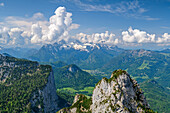View over the rocky peaks of the Three Brothers to Lofer and Loferer Steinberge, Big Brother, Reiteralm, Berchtesgaden Alps, Salzburg, Austria