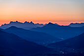 Silhouettes of Loferer Steinberge and Kitzbüheler Horn, Wildschönauer Höhenweg, Wildschönau, Kitzbühel Alps, Tyrol, Austria