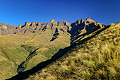 Drakensberge mit Gipfel Old Woman Grinding Corn, Contour Path, Injasuthi, Drakensberge, Kwa Zulu Natal, UNESCO Welterbe Maloti-Drakensberg, Südafrika