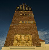 Wedding tower on the Mathildenhöhe, landmark of the city of Darmstadt in the evening light, Hesse, Germany