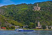 View over the Rhine to Wellmich and Maus Castle, Rhineland-Palatinate, Germany