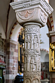 Romanesque column with figurative reliefs in the interior of the Church of the Holy Trinity (Kościół Świętej Trójcy, Kosciol Sw. Troicy) in Strzelno (Strelno) in the Kuyavian-Pomeranian Voivodeship in Poland