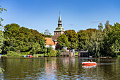 Westersielzug canal and St. Christopherus Church in Friedrichstadt, Nordfriesland district, Schleswig-Holstein, Germany, Europe