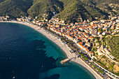 Noli and the coast seen from the air, Noli, Riviera di Ponente, Liguria, Italy, Europe