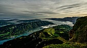 Early morning view from Schafberg of Lake Mondsee and the vastness of the Alpine landscape, Salzkammergut, Austria