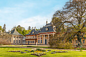 Flowers in front of the Bergpalais in Pillnitz Castle Park in spring, Dresden, Saxony, Germany