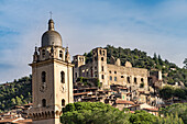 the church Chiesa di Sant'Antonio Abate and the Castello dei Doria castle in Dolceacqua, Liguria, Italy, Europe