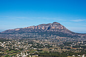 the Montgo the monolith of the Costa Blanca 785 meters high, local mountain of Denia and Javea, view from Javea, Spain