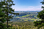 Viewpoint with a view over the Czech Republic with the town of Machov towards the Giant Mountains in the rock labyrinth Błędne Skały (Bledne Skaly) in the Hayscheuer Mountains (Góry Stołowe National Park) in the Glatzer Mountains in the Dolnośląskie Voivodeship in Poland
