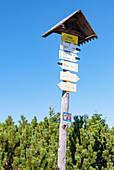 Wegweiser am Wanderweg zu Schneekoppe (Śnieżka; Sniezka) im Nationalpark Riesengebirge (Karkonoski Park Narodowy) in der Woiwodschaft Dolnośląskie in Polen