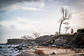 View of the cliffs and the Staberhuk lighthouse on the island of Fehmarn, Baltic Sea, Ostholstein, Schleswig-Holstein, Germany