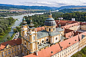 Aerial view of Melk Abbey and Danube, Melk, Lower Austria, Austria, Europe