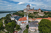 Aerial view of church and buildings in the old town with Esztergom Cathedral on the hill, Esztergom, Komárom-Esztergom, Hungary, Europe