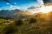 Alpine huts and mountains, sunset, La Caballar, Sotres, Picos de la Europa National Park, Cain, Castilla y León, Asturias, Northern Spain, Spain