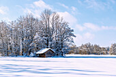 Schneelandschaft mit tief verschneiter Wiese, Bäumen und Holzhütte im Wald im Sempttal im Erdinger Land in Oberbayern in Deutschland