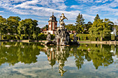 The Great Lake with the Musenberg Parnassus, castle and rococo Hofgarten Veitshöchheim, Lower Franconia, Bavaria, Germany