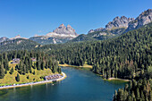 Aerial view of Lake Misurina with Drei Zinnen and Cadin peaks, Province of Belluno, Alto Adige, South Tyrol, Alps, Dolomites, Ampezzo Dolomites Nature Park, Sesto Dolomites, Veneto, Veneto, Italy